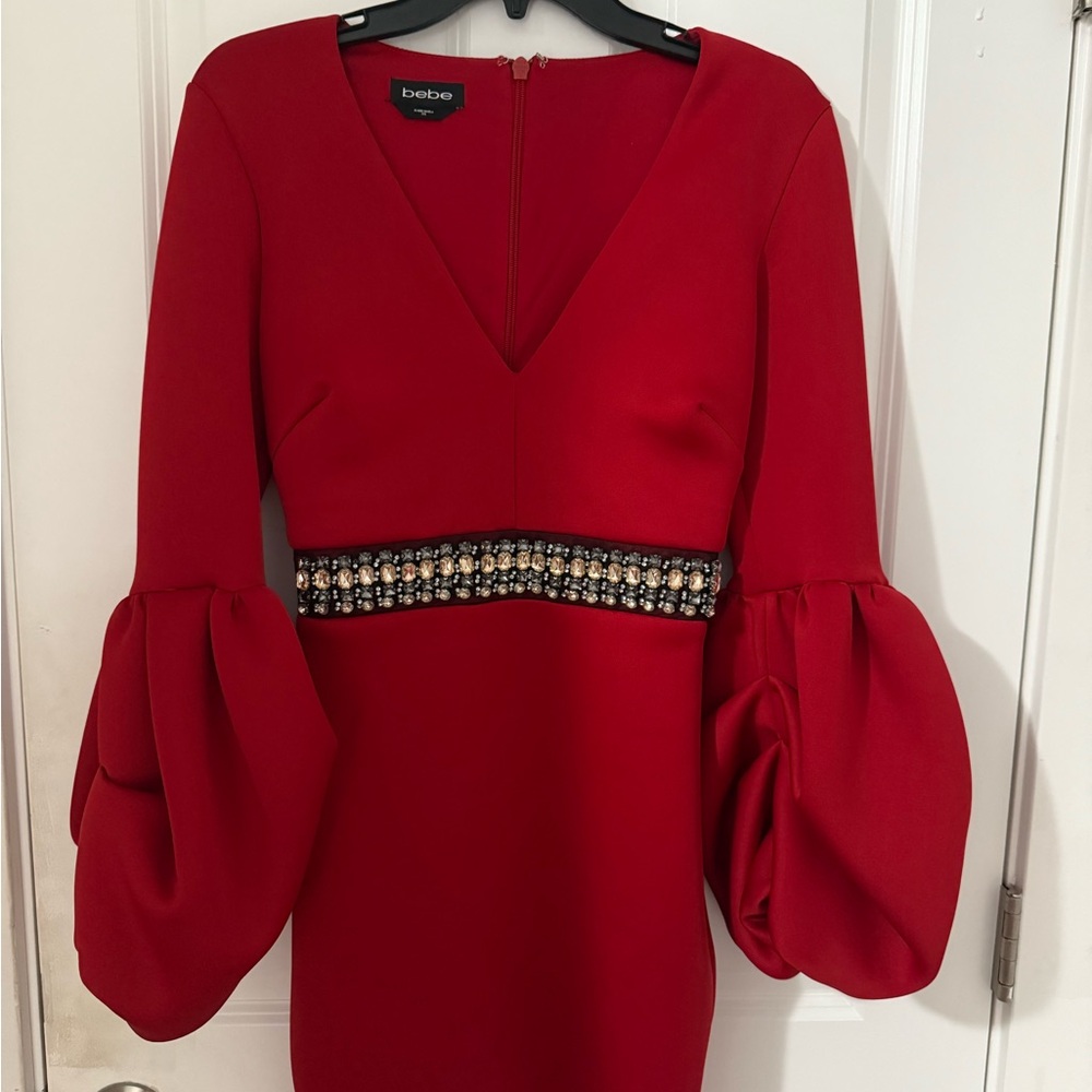 Bebe Red Embellished Bodycon Dress with Bishop Sleeves